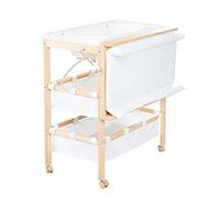 roba Fasciatoio per Bambini e Neonati + Vasca 2 in 1 Baby Pool con Materasso Bianco Girevole sul Lato, Salvaspazio, Scomparti in Tessuto, Legno Naturale