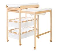 roba Fasciatoio per Bambini e Neonati + Vasca da Bagno Estraibile Baby Pool, Pieghevole, Copertura Bianca, 6 Rotelle con Freno, Legno Naturale