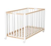 roba Lettino Pieghevole Fold Up 60 x 120 cm - per Neonati e Bambini - Regolabile in 3 Altezze Diverse - Ruote con Freni - Capacità Max 40 kg - Faggio Biologico Naturale/Bianco