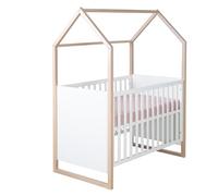 roba Letto a soppalco 2 in 1 per bebè e co-sleeping a forma di casetta, 60 x 120 cm, regolabile in altezza a 6 livelli, 5 barre rimovibili, bicolore in legno naturale e bianco