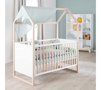 roba Lit Bébé Cabane Évolutif Bicolore 70 x 140 cm - Convertible en Lit Junior - 3 Niveaux de Hauteur - 3 Barreaux Amovibles - Bois Blanc/Naturel