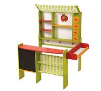 roba Negozio Giocattolo Marktstand, con bancone, Lavagna, Bancone Laterale, Tenda da Sole, Registratore di Cassa e Accessori, Verde Rosso