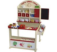 roba Negozio Giocattolo per Bambini - Accessori Inclusi - con Bancone, 3 Cassetti, Lavagna, Orologio, Bancone Laterale - Gioco Olistico - Legno Naturale e Laccato Rosso