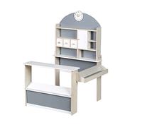 roba Negozio Giocattolo per Bambini in Legno - con Mensole e 3 Cassetti - Accessori Inclusi - Stand di Vendita a 2 Piani di Lavoro e Orologio - Legno Laccato Bianco/Grigio