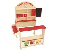 roba Negozio Giocattolo per Bambini Tante Emma - con Bancone - Lavagna - Bancone Laterale - Standi di Vendita - dai 3 Anni - Gioco Olistico - Legno Naturale / Rosso