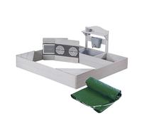 roba Sabbiera in legno con cucina e telone di copertura, sabbiera con vasca da gioco e piani cottura stampati, legno resistente alle intemperie, grigio laccato