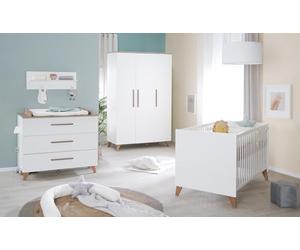 roba Set di mobili per bambini, 2 pezzi, olio - culla 70 x 140 cm, trasformabile + fasciatoio con 3 cassetti, maniglie e piedini in legno massello - bianco/rovere scuro