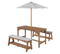 roba Set di sedute per Bambini Picnic +1 Tavolo, 2 Panche, ombrellone e Cuscini - per Esterno e Giardino - Resistente alle Intemperie - Motivo con Stelline - Legno Naturale