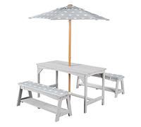 roba Set di sedute per Bambini Picnic +1 Tavolo, 2 Panche, ombrellone e Cuscini - per Esterno e Giardino - Resistente alle Intemperie - Motivo con Stelline - Legno Grigio