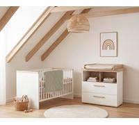 roba Set per la cameretta dei bambini "Jimmy" - Camera completa di 3 pezzi con letto combinato 70 × 140 cm, fasciatoio e armadio a 3 ante - bianco/rovere