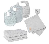 roba Set Regalo Baby Essentials Lil Planet - 3 Bavaglini in Jersey e Mussola - 1 Morbido DouDou - Panno Doppio Strato - 3 Lenzuolini - 80% Cotone e 20% Poliestere - Grigio