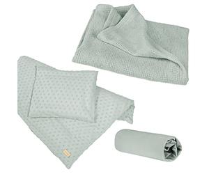 roba Set Regalo per Neonati Lil Planet - 3 Pezzi - Cuscino Piccolo a Maglia - Lenzuolo in Jersey - Coperta Lavorata in Maglia 80 x 80 cm - Materiale Biologico - 80% Cotone e 20% Poliestere - Verde