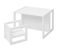 roba Set Tavolo + Sgabello per Bambini - Convertibile in Panca - Stile Country - Mobili per Bambini - 3 Altezze - Multifunzionale - Legno Laccato Bianco