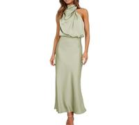 Robe de soirée élégante en satin sans manches (Modèle 2026) - Robe longue d'été formelle, col montant, découpe goutte d'eau, taille haute, idéale pour les invitées de mariage (Light Green,3XS)