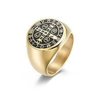 RobertDTesta Anello da Uomo con Medaglione Dell'esorcismo di San Benedetto, Anello Cattolico con Croce Dell'esorcismo in Acciaio Inossidabile,d'oro,7