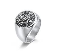 RobertDTesta Anello da Uomo con Medaglione Dell'esorcismo di San Benedetto, Anello Cattolico con Croce Dell'esorcismo in Acciaio Inossidabile,Argento,9