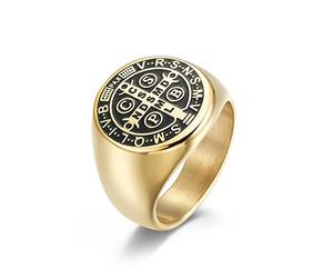 RobertDTesta Anello da Uomo con Medaglione Dell'esorcismo di San Benedetto, Anello Cattolico con Croce Dell'esorcismo in Acciaio Inossidabile,d'oro,7