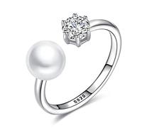 RobertDTesta Anello Di Perle Da Donna, Anello Di Perle D'acqua Dolce Regolabile Aperto Con Zirconi in Argento Sterling S925 Alla Moda Gotica,Bianca,8