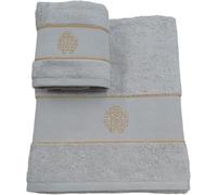 Roberto Cavalli Coppia asciugamani 1+1 spugna, viso e ospite, tinta unita bordo logato art. Gold New col. grigio