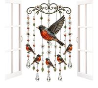 Robin Wind Chimes - Iron Chain Ornament for Harmonizing | 24x50cm Crystal Prisms Bell, Hanging Bird Memorial for Terrace, Outdoor Patio Suncatcher Pendant, Window Porch Accents Garden Enthusiasts