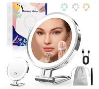 Robofun Specchio Trucco con Luci, 1X/10X Specchio Ingranditore con Luce, 3 Colori di Luce e Luminosità Regolabile dal 20%-100%, 3000mAh Custodia in Metallo Specchio Ingranditore - Colore Metallizzato