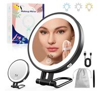 Robofun Specchio Trucco con Luci, 1X/10X Specchio Ingranditore con Luce, 3 Colori di Luce e Luminosità Regolabile dal 20%-100%, 3000mAh Custodia in Metallo Specchio Ingranditore - Nero
