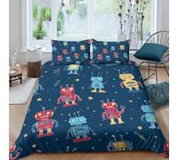 robot cartoon kidsSet Di Copripiumino morbida 3 pezzi motivo 3D cerniera nascosta colorful retro style copripiumino con federe soffice ultra morbido e traspirante for bambini Single（140x200cm）
