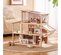 ROBOTIME Casa delle bambole in legno, casa delle bambole bohémien con mobili e accessori, casa giochi a 3 livelli con tenda regolabile ed elementi in rattan, stile marrone kaki, regalo fantasioso per
