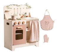 ROBOTIME Cucina per bambini in crema rosa con grembiule, guanto, forno e rubinetto, con tenda per giochi di ruolo interattivi, ideale per bambine dai 3 anni in su