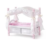 ROBOTIME Letto per bambole da 45,7 cm con baldacchino, letto per bambole in legno con cassetti in tessuto, biancheria da letto e cuscino, mobili per bambole rosa per bambole da 45,7 cm, per far finta