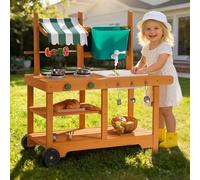 ROBOTIME Mud Kitchen Outdoor - Set da gioco per bambini, cucina giochi con ruote rotanti, manico scorrevole, spiedini girevoli, tenda da sole in tessuto, lavagnetta e lavello dell'acqua realistico