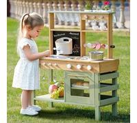 ROBOTIME Mud Kitchen - Set da gioco per bambini, design deluxe per esterni, con rubinetto, lavagna, griglia nera, grande spazio di archiviazione, lavello da giardino e accessori da cucina, gioco di