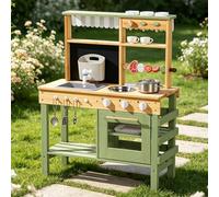 ROBOTIME Set da Cucina in Legno per Bambini, Cucina Esterna Deluxe con Rubinetto Funzionante, Lavagna, BBQ, Ampio Spazio di Stoccaggio, Lavandino da Giardino e Accessori da Cucina, Gioco di Ruolo per