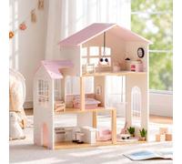 ROBUD Casa delle Bambole in Legno, Casa delle Bambole a 3 Piani con 37 PCS di Mobili Giocattolo e Accessori per Bambole - Casa delle Bambole per Gioco Simulativo con 5 Stanze e Serra, Giocattolo