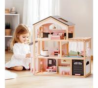 ROBUD Casa delle bambole in legno,Villa per bambole con mobili,Con ascensore, garage, gazebo e piscina,Regalo per bambini dai 3, 4, 5, 6 anni e anziani,Nero