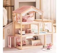 ROBUD Casa delle bambole in legno,Villa per bambole con mobili,Con ascensore, garage, gazebo e piscina,Regalo per bambini dai 3, 4, 5, 6 anni e anziani, rosa