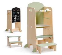 ROBUD Montessori Torre di apprendimento 2 in 1 per bambini con lavagnetta e ganci, regolabile in altezza, sgabello rimovibile, utensile da cucina in legno dai 2 anni in su
