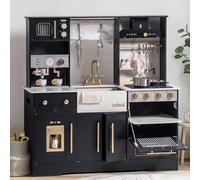 ROBUD Set da cucina per bambini in legno - Cucina moderna e grande in nero con frigorifero, macchina da caffè, gelatiera e altro ancora - per bambini dai 3 anni in su