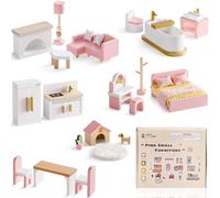 ROBUD Set di mobili per casa delle bambole in legno, 28 pezzi, accessori per mobili delle bambole, camera da letto, cucina, soggiorno, bagno, sala da pranzo, regalo rosa per bambini