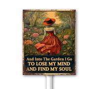 Robusto cortile in alluminio da giardinaggio con paletto, Into The Garden I Go To Lose My Mind, divertente decorazione vintage da giardino per cortile, regalo per giardiniere, 20 x 30 cm