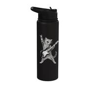 Rock and Roll Cat Playing Electric Guitar Tabby Kitten Stainless Steel Insulated Water Bottle