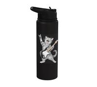 Rock and Roll Cat Playing Electric Guitar Tabby Kitten Stainless Steel Insulated Water Bottle
