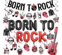 Rock and Roll - Set decorativo per feste, 41 pezzi, decorazione a tema musicale con palloncini Born To Rock, ghirlanda di vortici da appendere, colore nero e rosso