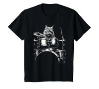 Rock Cat Playing The Drums - Funny Drum Set Drummer Cat Maglietta, Bambini, Nero, 4 Anni