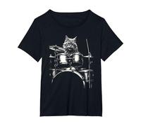 Rock Cat Playing The Drums - Funny Drum Set Drummer Cat Maglietta, Donna Plus-Size, Nero, 6X