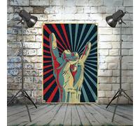 Rock Gesture Wall Art poster e stampe su tela arazzo Rock star tema banner rivetto metallo bandiera garage band decorazione festa di compleanno sfondo musica metallo decorazione casa, 96 x 145 cm
