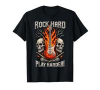 Rock Hard Play Harder Chitarra Flames Skull Heavy Metal Maglietta