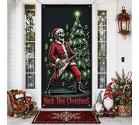 Rock N Roll - Copri porta con scheletro di Babbo Natale, 91 x 183 cm | Tema musica rock, Banner portico, Chitarra elettrica, Ornamenti del cranio, Decorazione natalizia Edgy, Atmosfera ribelle
