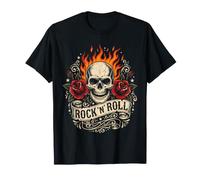 Rock N Roll - Cranio con Rose e Fiamme, Grafica Musicale Vintage Maglietta