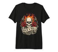 Rock N Roll - Cranio con Rose e Fiamme, Grafica Musicale Vintage Maglietta Premium